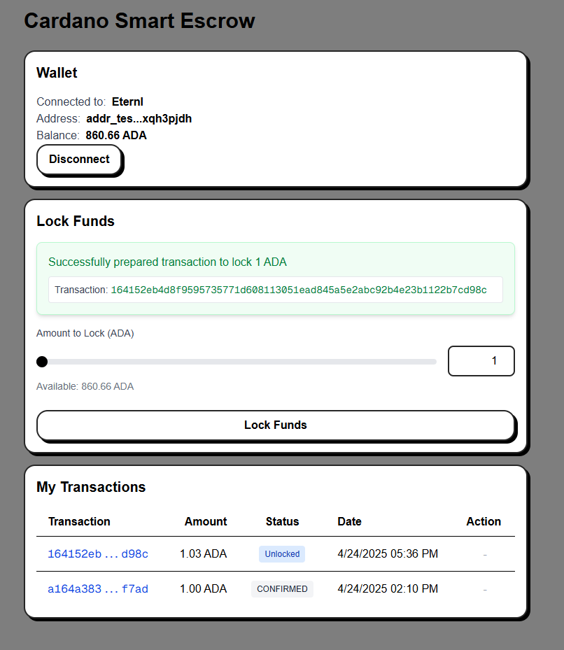 Cardano Escrow Application Interface